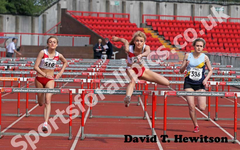 Jenny Gilmour (Gateshead) beats her twin sister Emma under-17 80 metre hurdles, North East Championships.